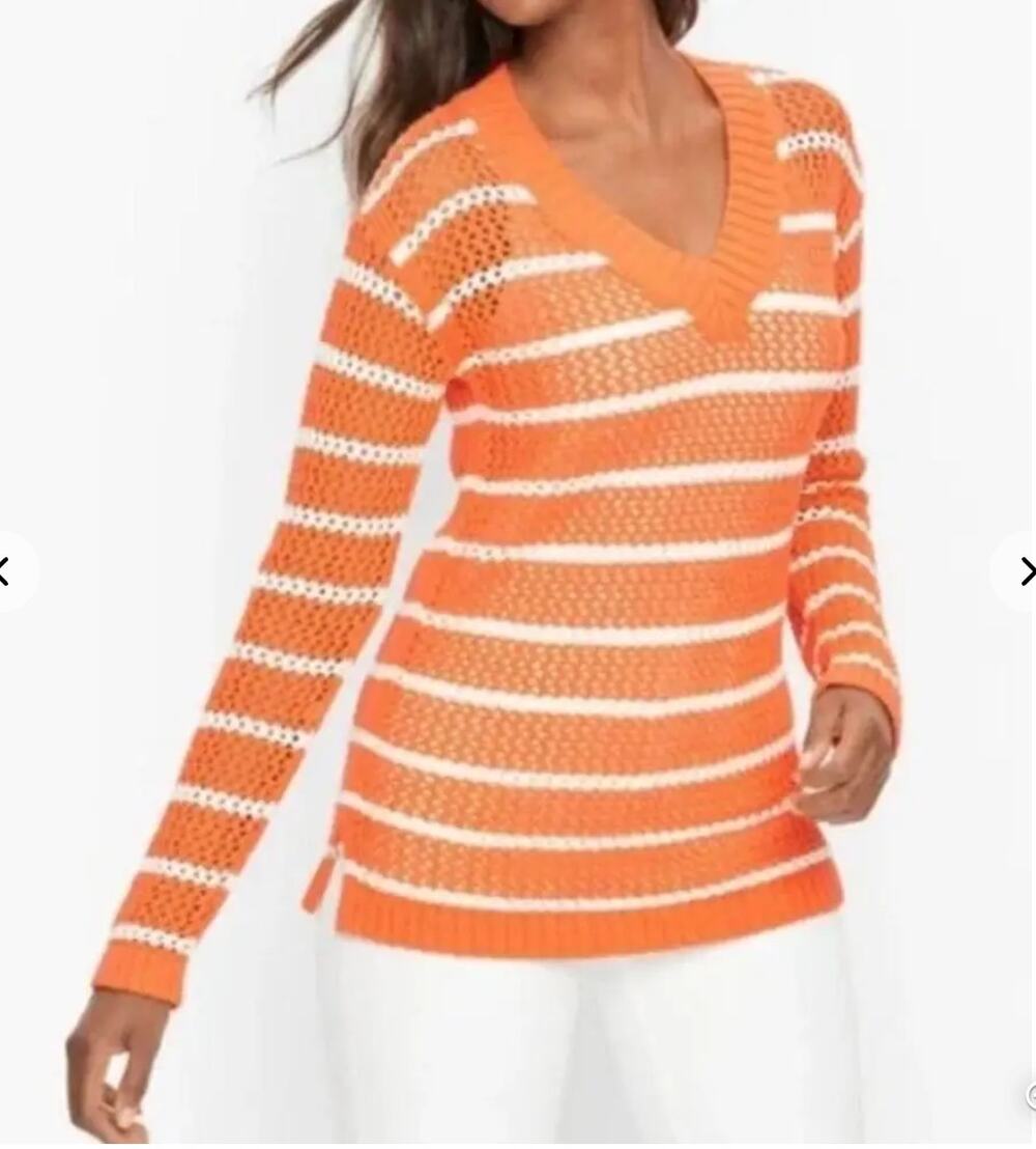 TALBOTS Orange & White Striped Open Weave V Neck Sweater // Large Petite